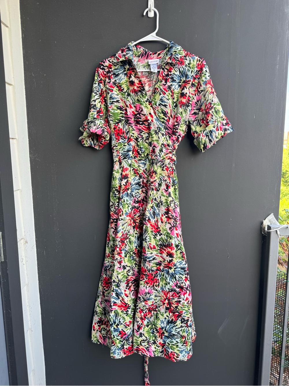 Vintage JG Hook 100% linen Floral midi faux wrap Dress